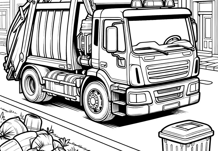 Camion poubelle réaliste en action : coloriage à télécharger (gratuit)