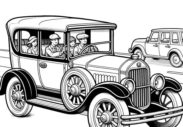 Vintage car with family: Coloring page for download (Free)