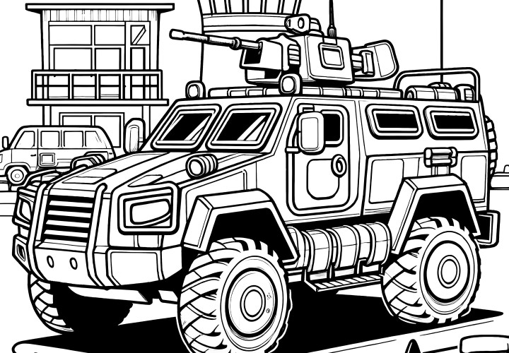 Tank vehicle at military base: Coloring picture for download (Free)