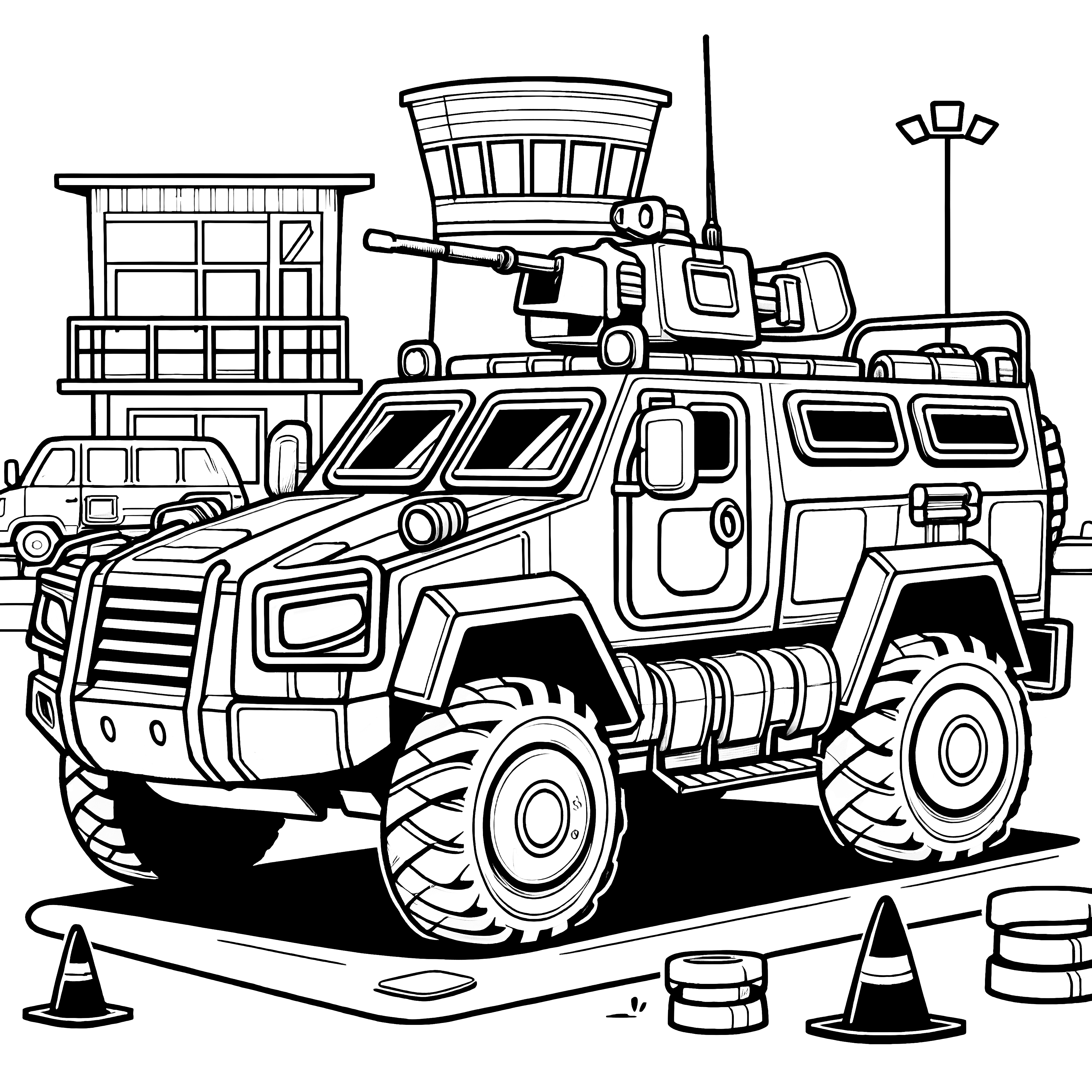 Tank vehicle at military base: Coloring picture for download (Free)