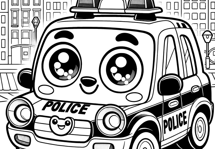 Jolie voiture de police jouet en face des bâtiments : coloriage pour enfants (gratuit)