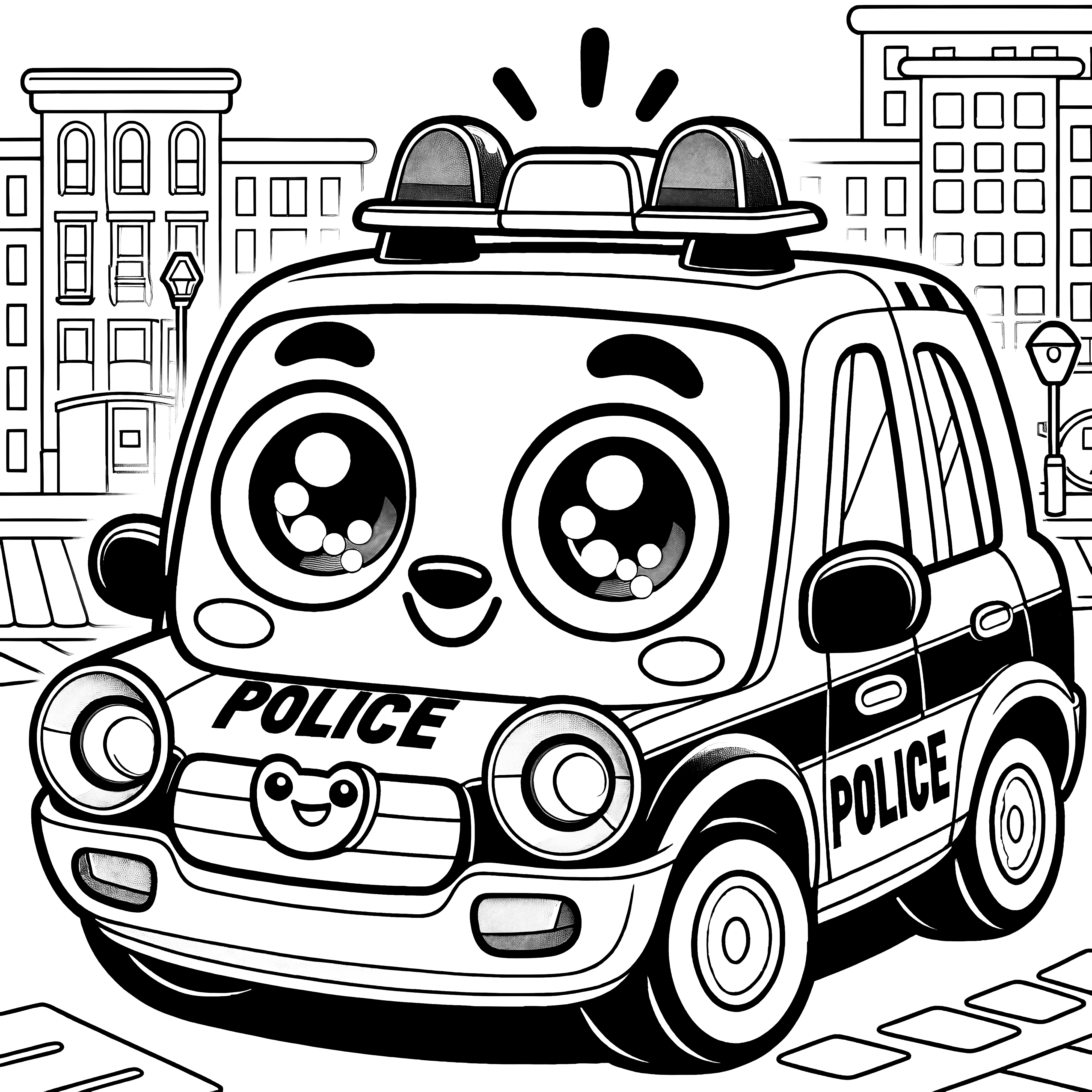 Carro da polícia de brinquedo em frente a edifícios: imagem para colorir para crianças (gratuito)