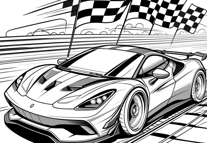 Voiture de course avec des drapeaux à damier comme modèle de coloriage : Gratuit à télécharger