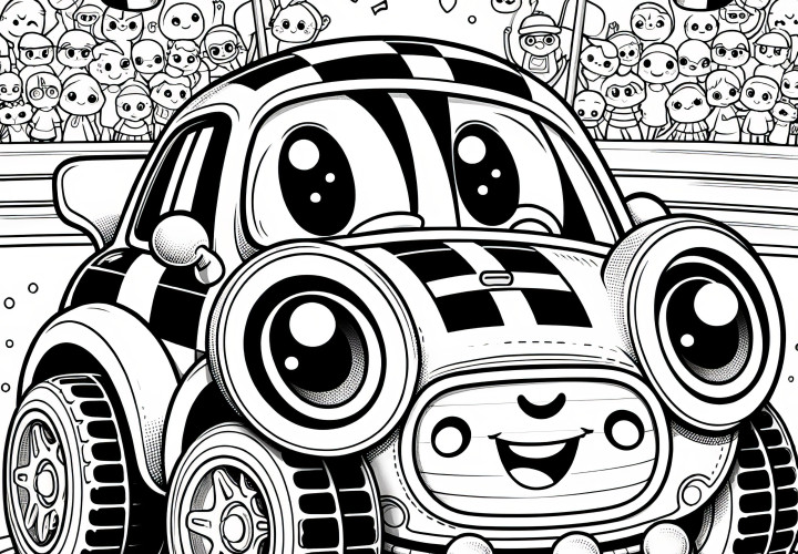 Laughing toy racing car celebrates victory: Download coloring picture now (Free)