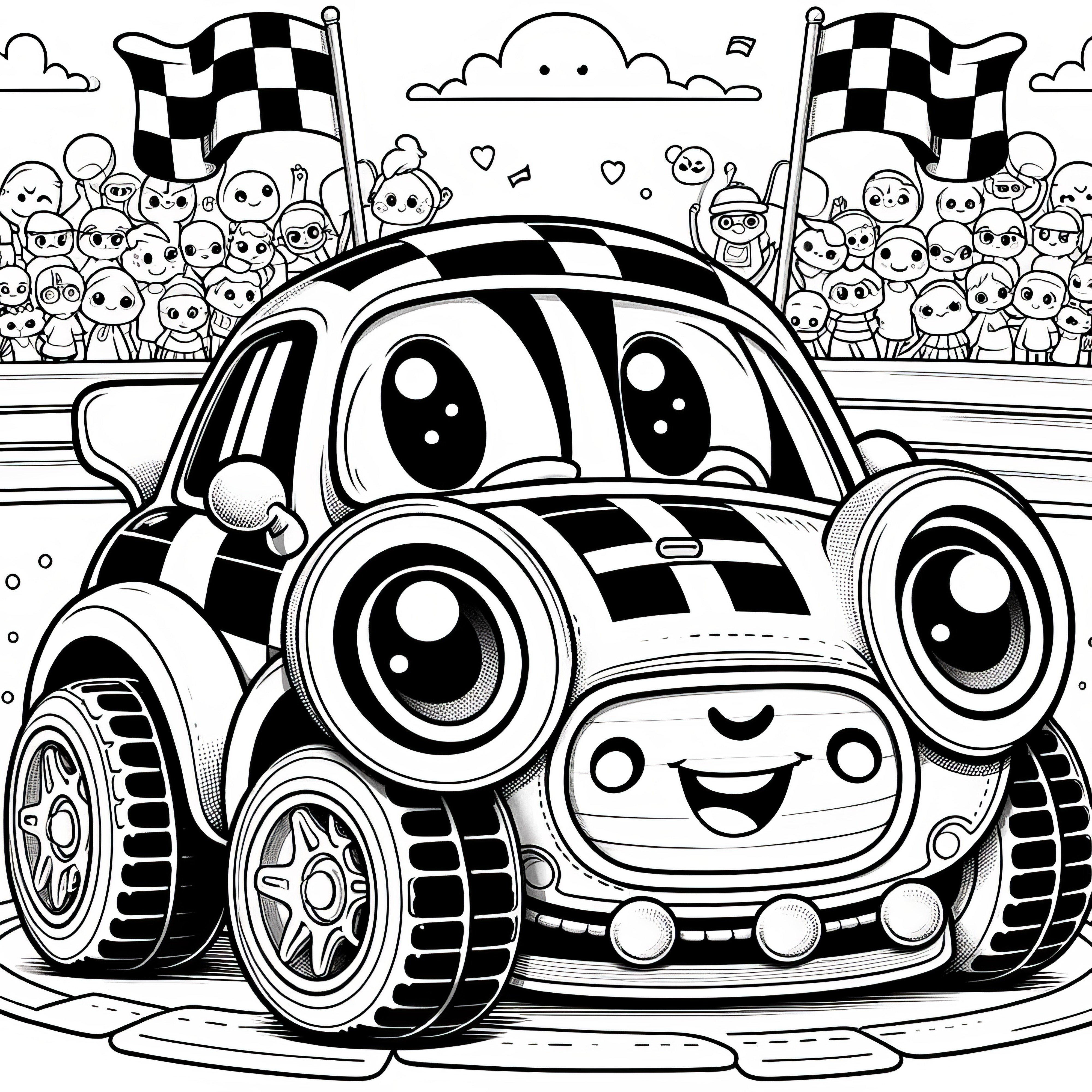 Laughing toy race car celebrates victory: Download coloring picture now (Free)