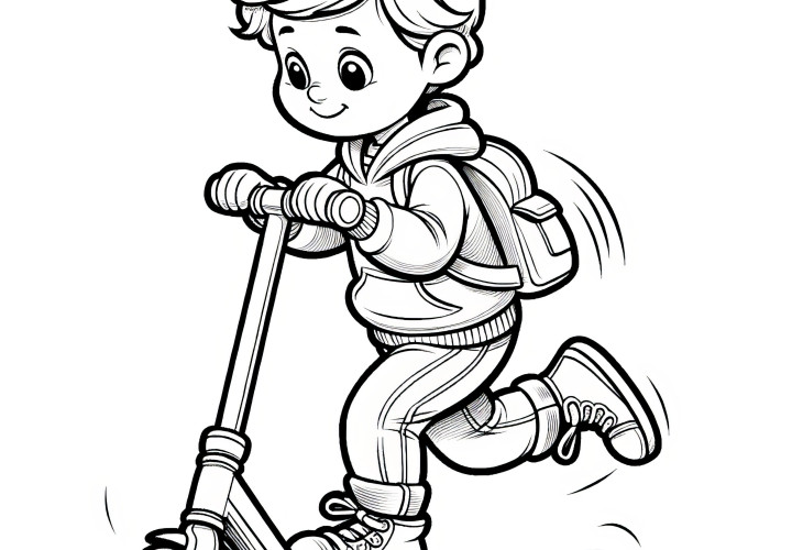 Niño feliz montando en patinete: Imagen para colorear (Gratis)