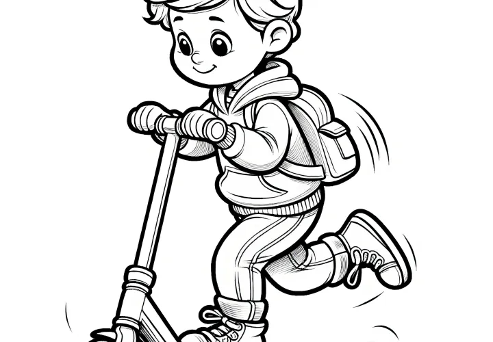 Happy boy rides scooter: Picture to color (Free)