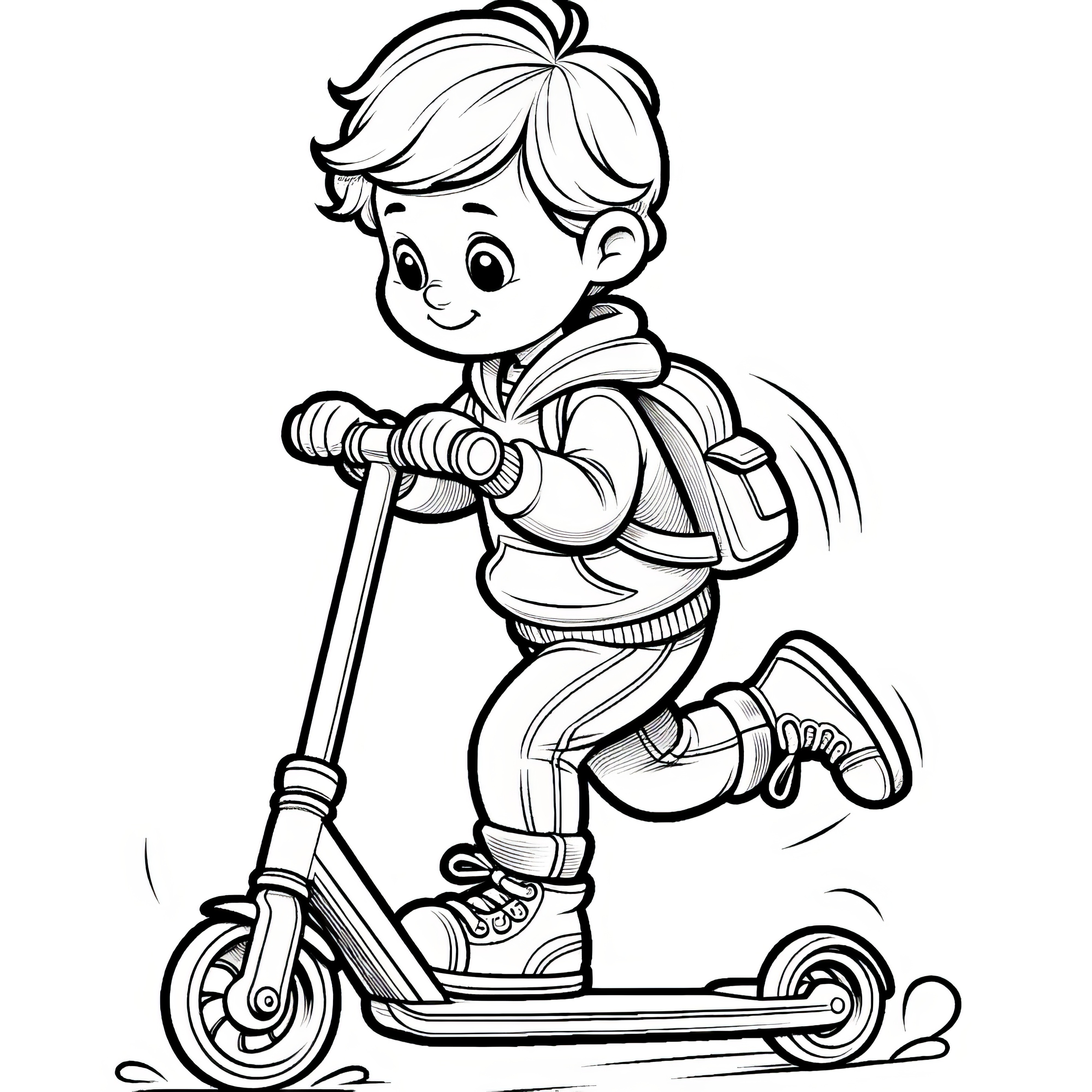 Happy boy rides scooter: Picture to color (Free)