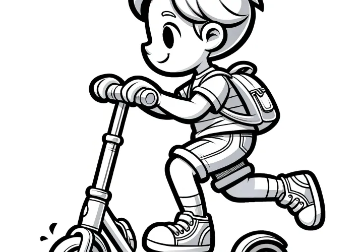 Friendly child rides scooter: Coloring page for download (free)