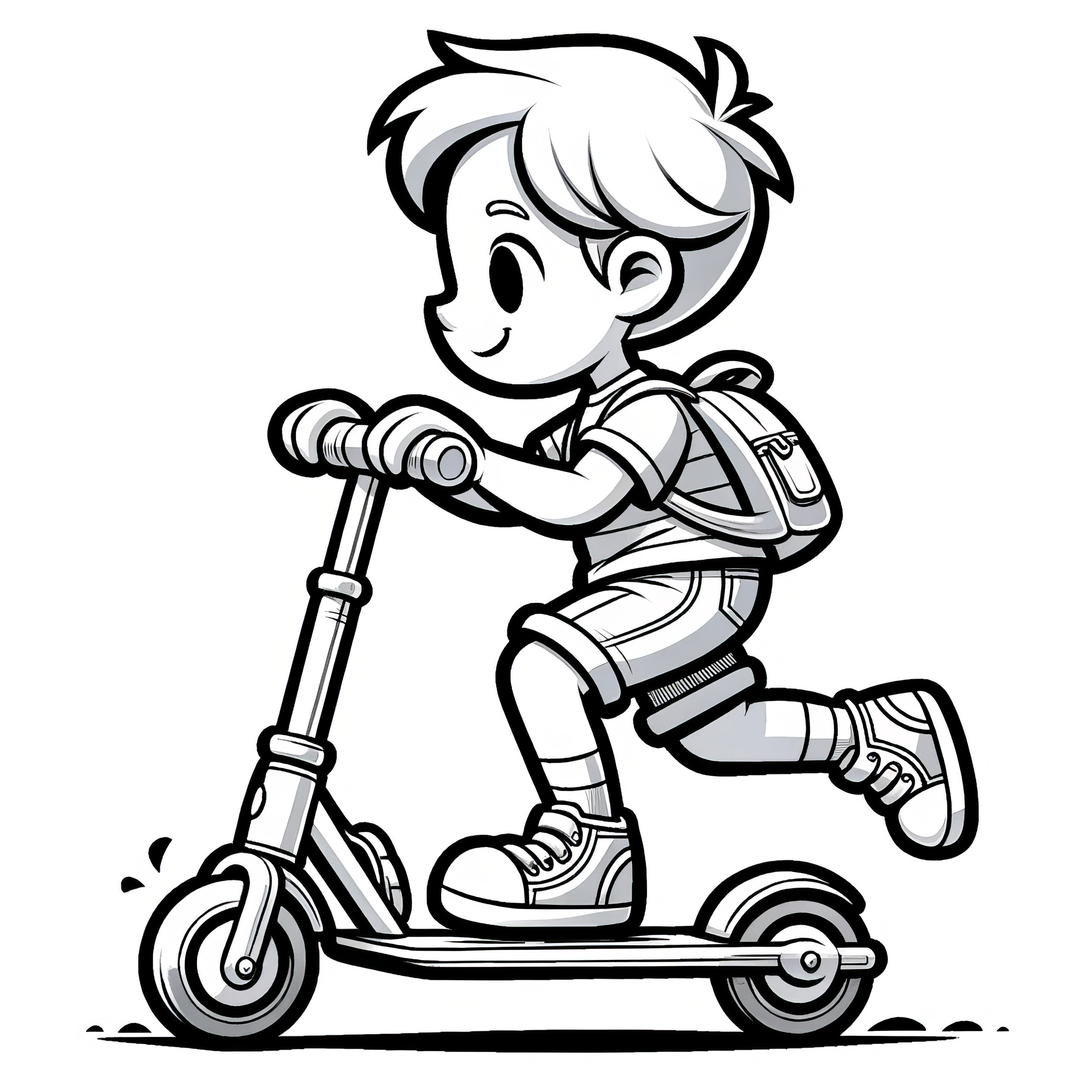 Friendly child is riding a scooter: coloring page for download (free)