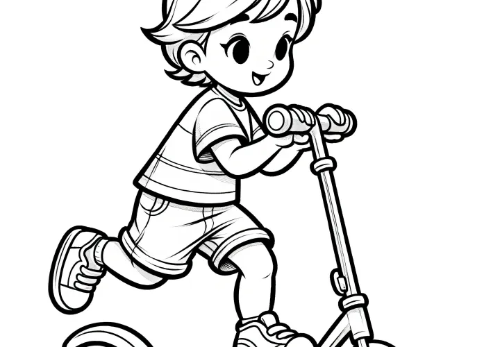 Laughing child rides scooter: Simple coloring page available for free download