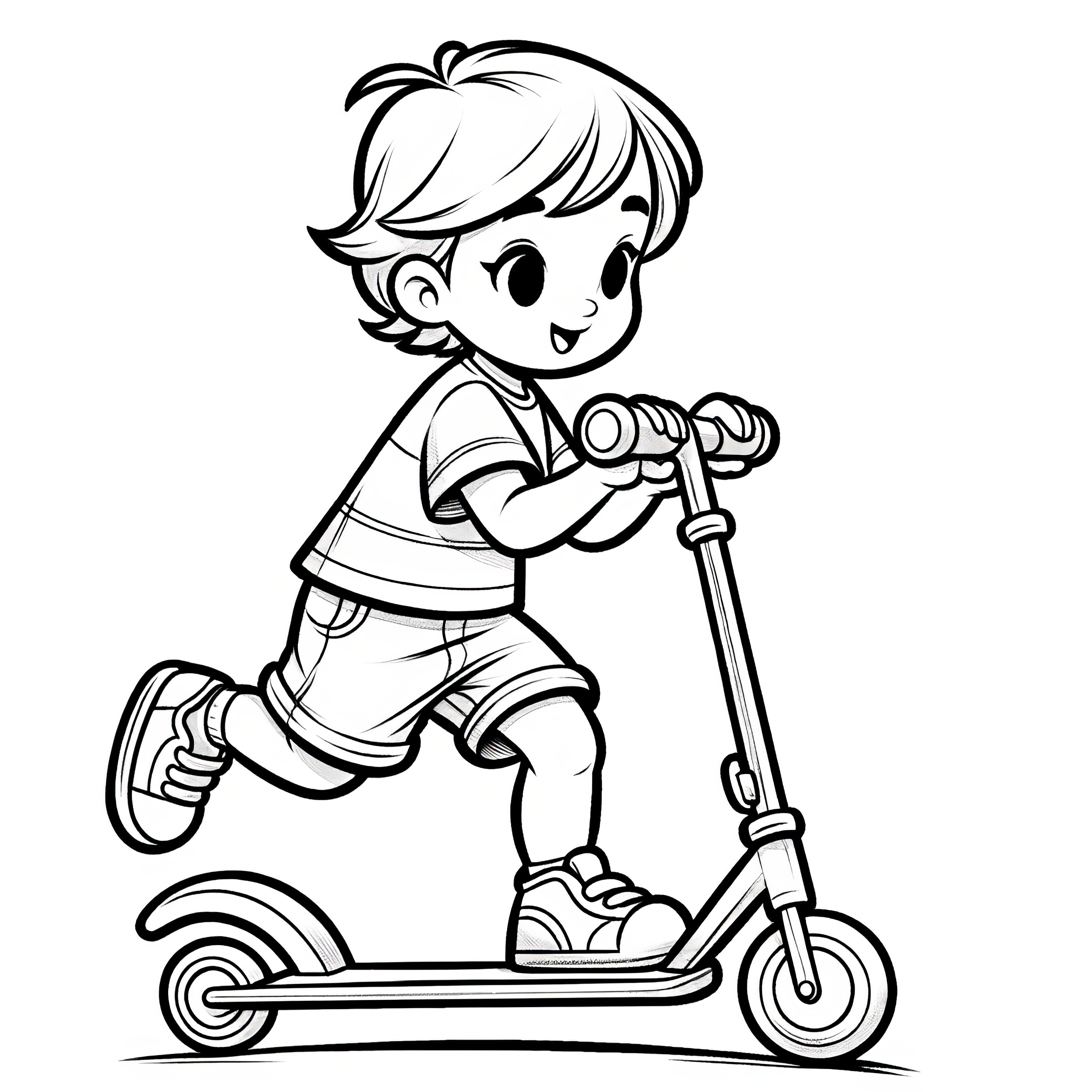 Laughing child rides scooter: Simple coloring template available for free download