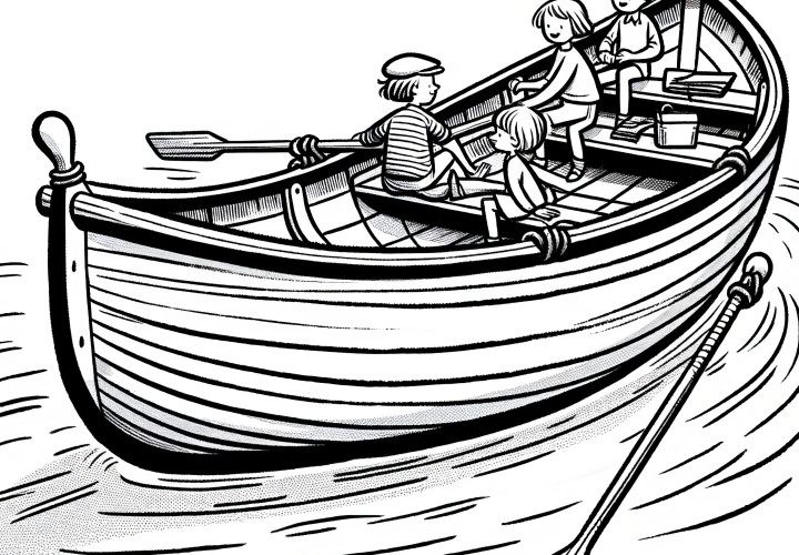 Large rowboat with family: coloring page for download (free)