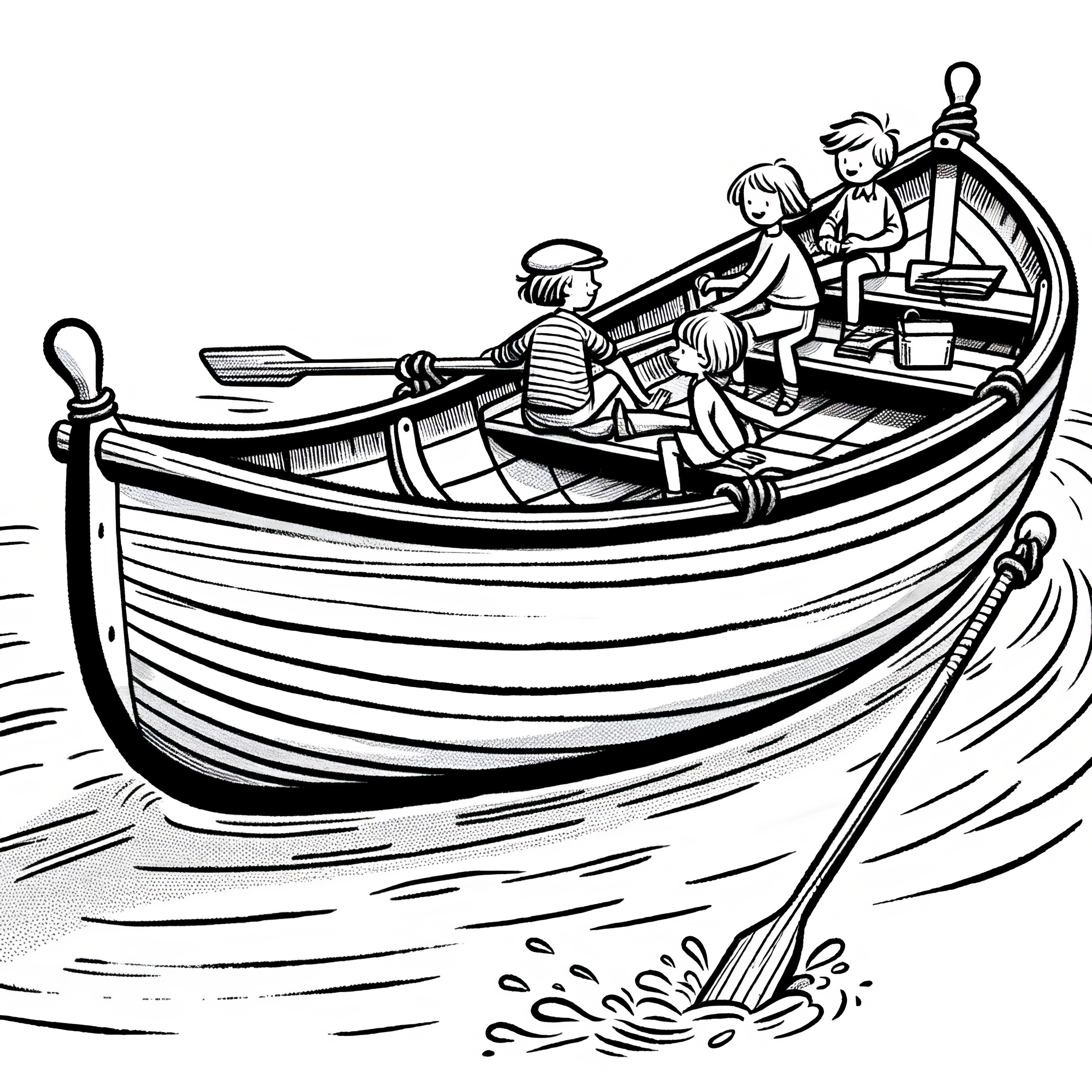 Large rowboat with family: Coloring page for download (Free)