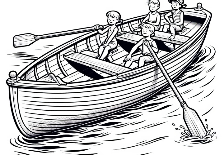 Rowboat with children: Simple coloring picture for children (Free)  