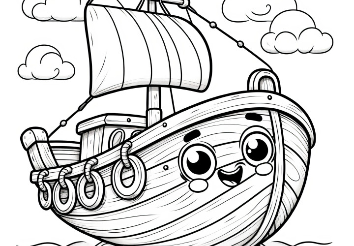 Barco de vela riendo con ojos: dibujo para colorear para niños (Gratis)