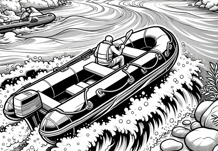 Inflatable boat with motor on a raging river: Coloring page (Free)