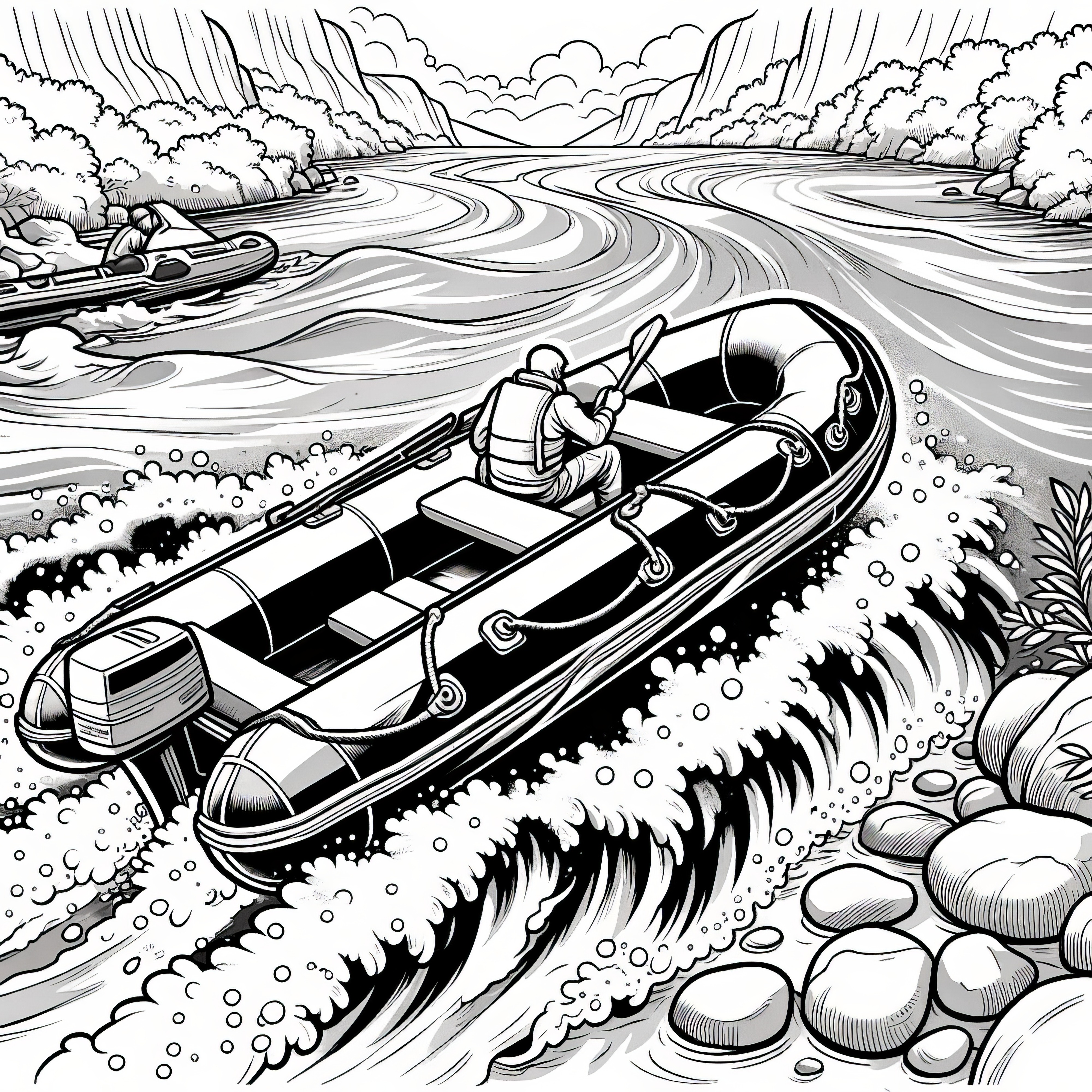 Inflatable boat with motor on a raging river: Coloring page (Free)