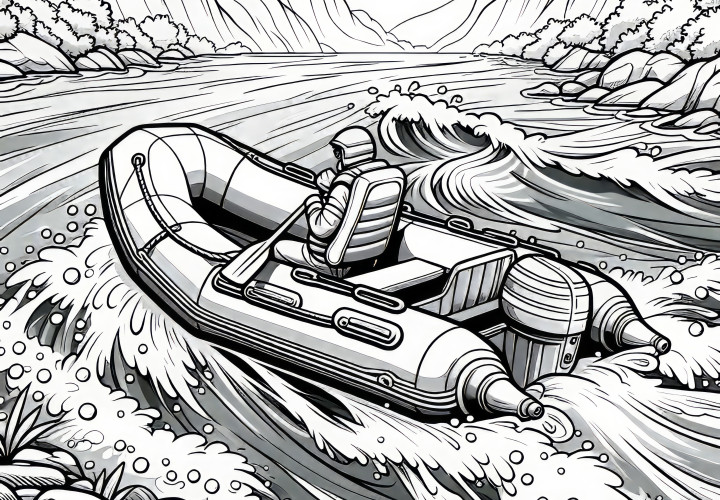 Inflatable boat on river in mountain landscape: Coloring picture for download (Free)