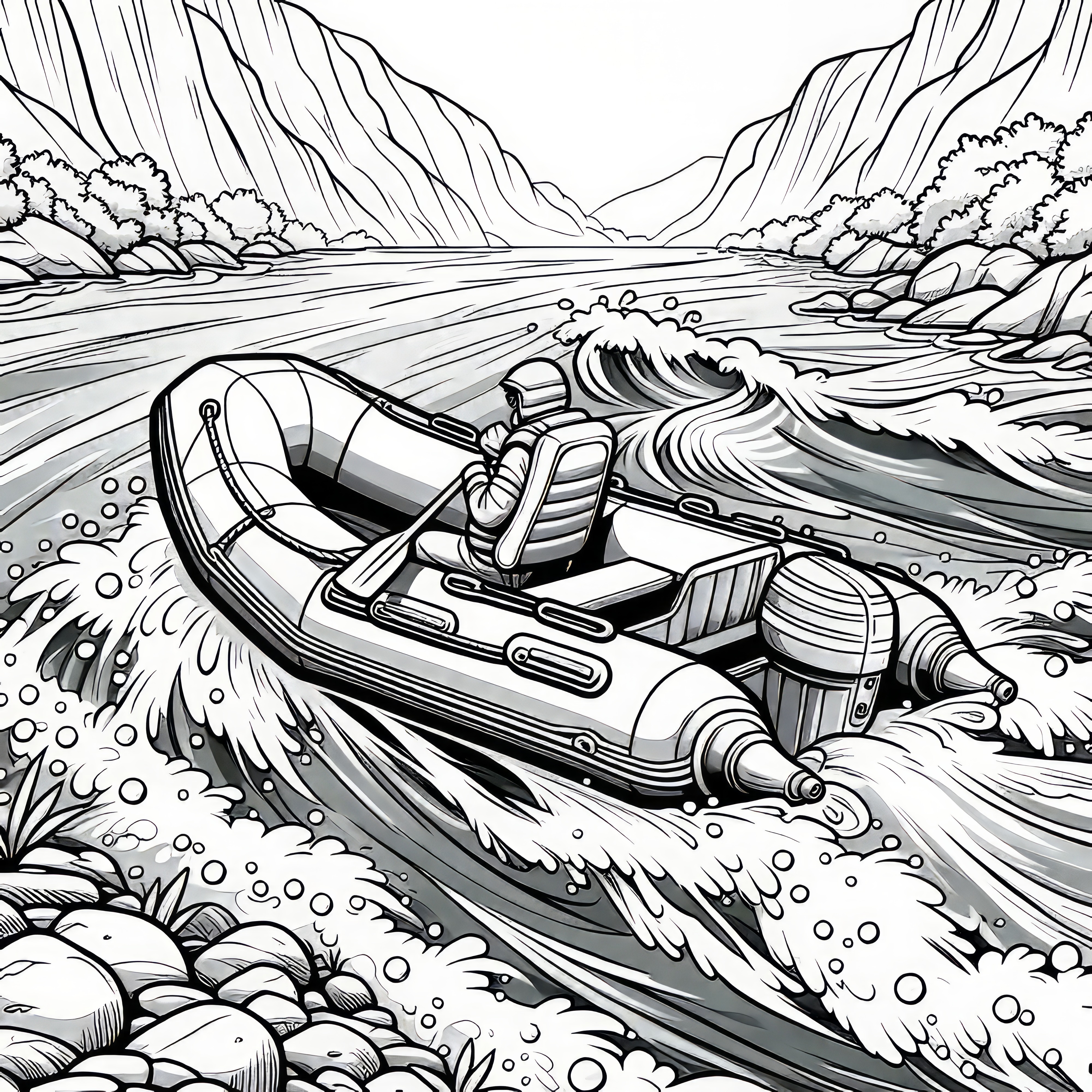 Inflatable boat on river in mountain landscape: Coloring picture for download (Free)