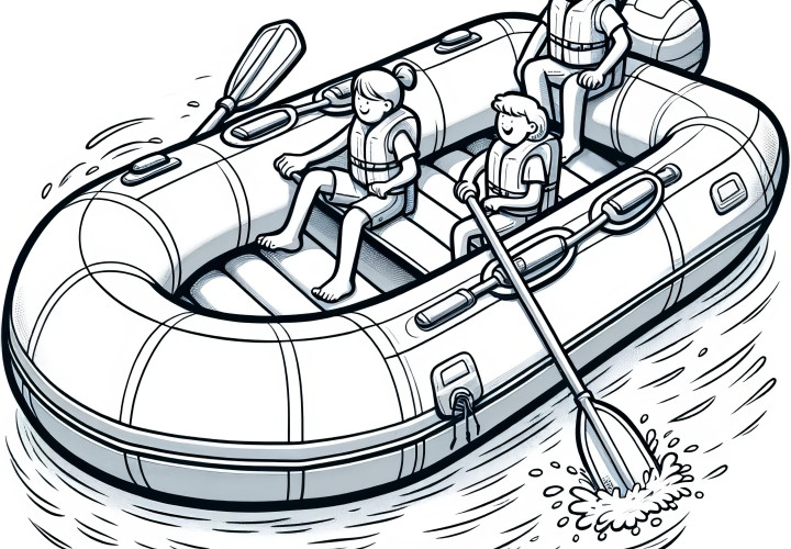 Large inflatable boat with family: coloring picture for download (Free)