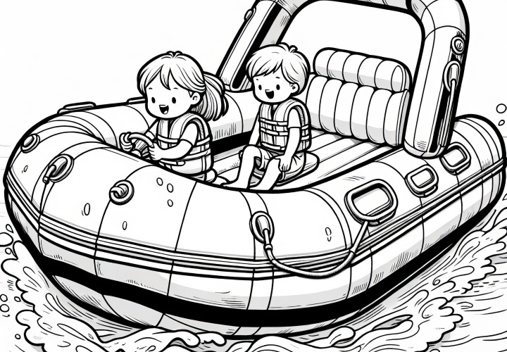 Barca hinchable con niños en el agua: lámina para colorear para descargar (gratis)