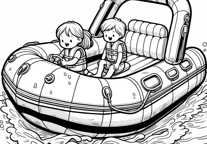 Perahu karet dengan anak-anak di air: Lembar mewarnai untuk diunduh (Gratis)