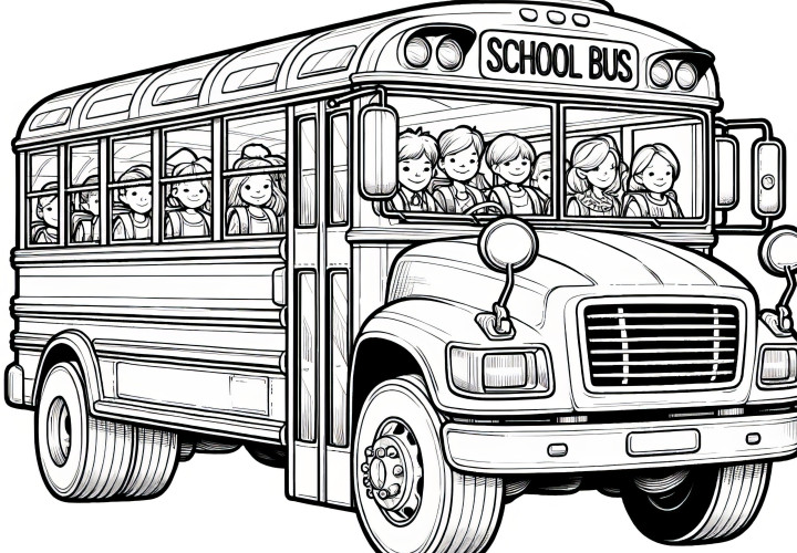 Old school bus with lots of children as a coloring page (Free)