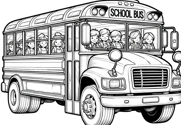 Bus sekolah tua dengan banyak anak-anak sebagai gambar mewarnai (Gratis)