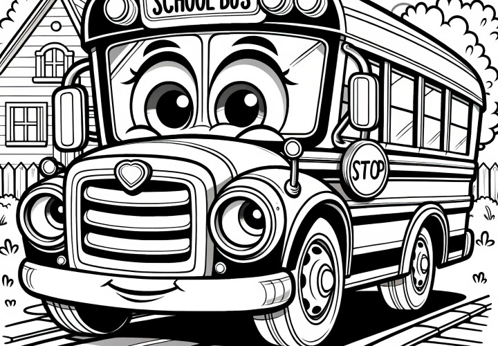 Grappige schoolbus met gezicht: kleurplaat voor gratis download