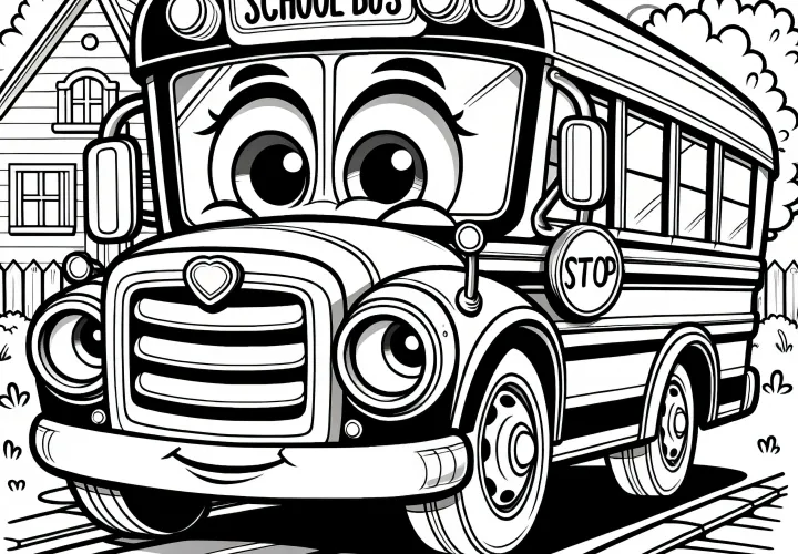 Funny school bus with a face: Coloring page for free download