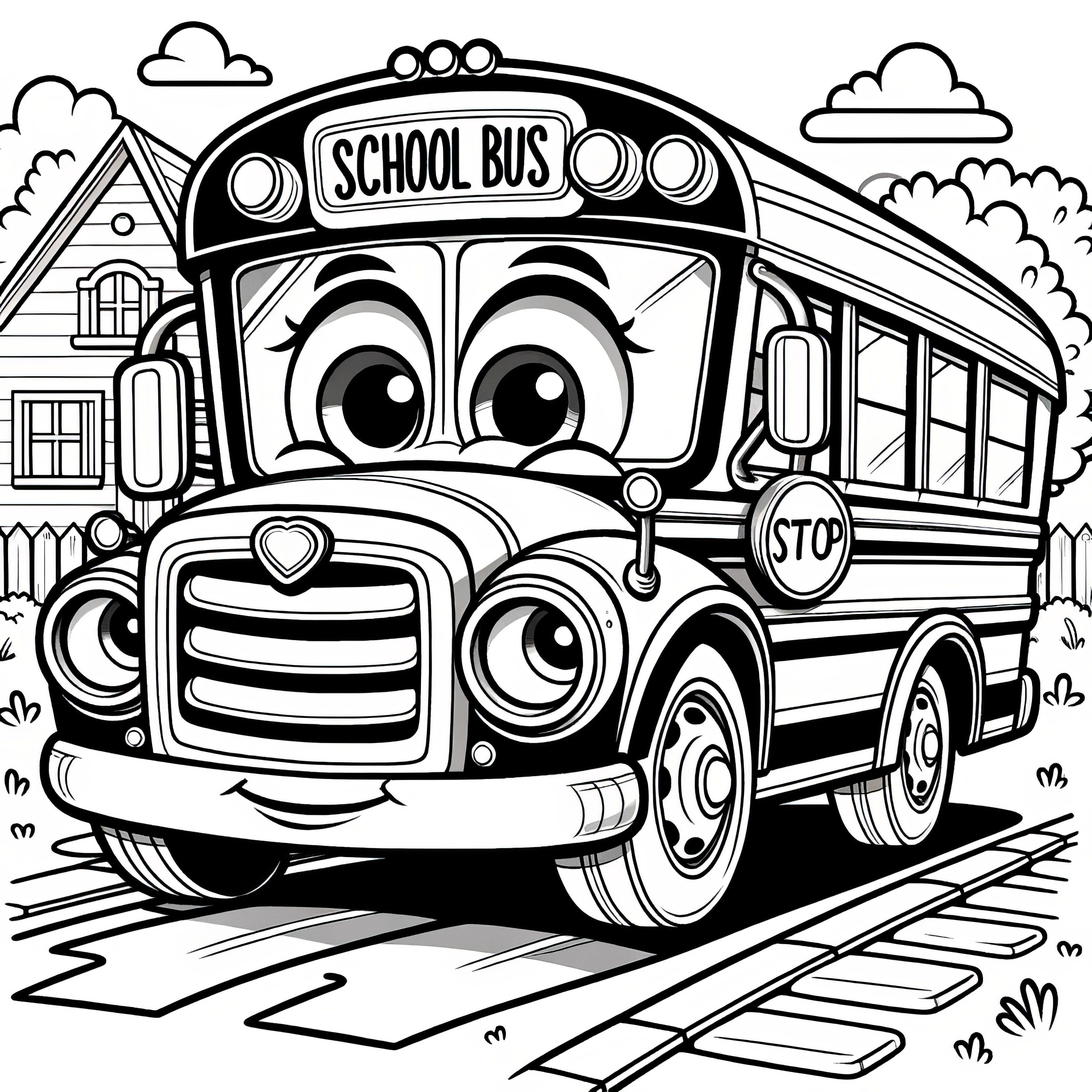 Funny school bus with a face: coloring page for free download