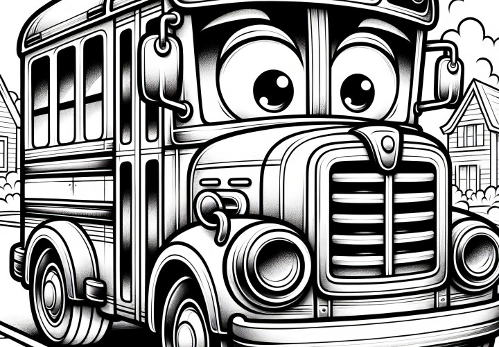 Funny school bus with big eyes: Simple coloring sheet for children (Free)