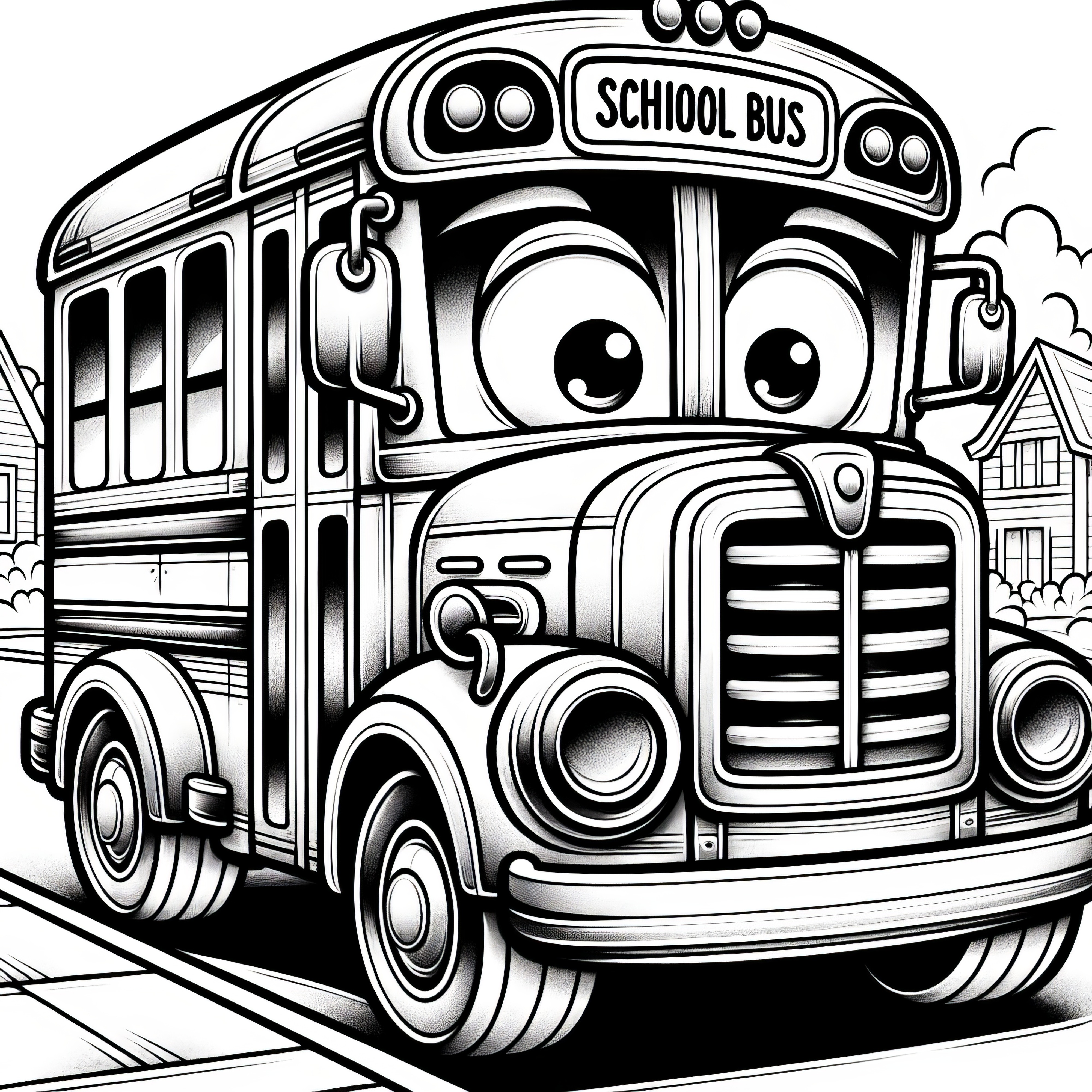 Funny school bus with big eyes: Simple coloring page for children (Free)