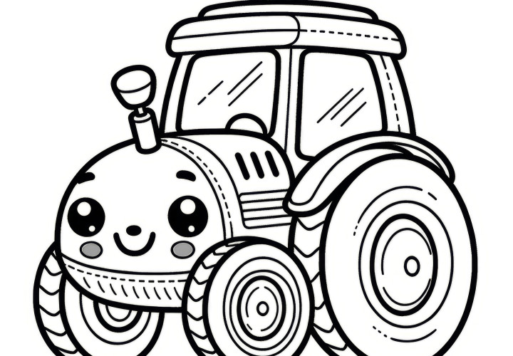 Traktor yang lucu dengan mata yang manis: Gambar mewarnai sederhana untuk anak-anak (Gratis)