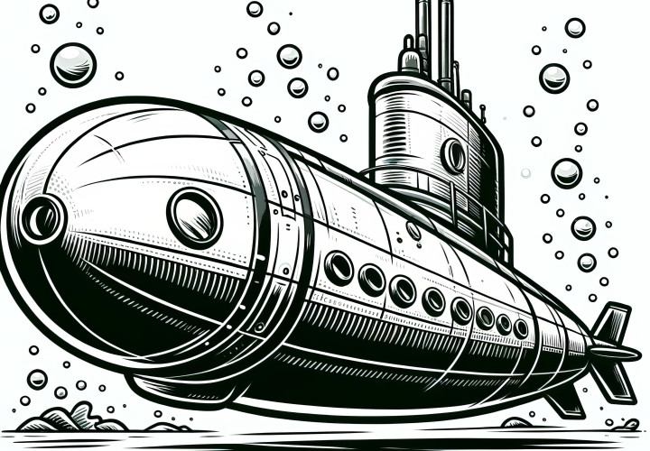 Large submarine: Picture for children to color (Free)