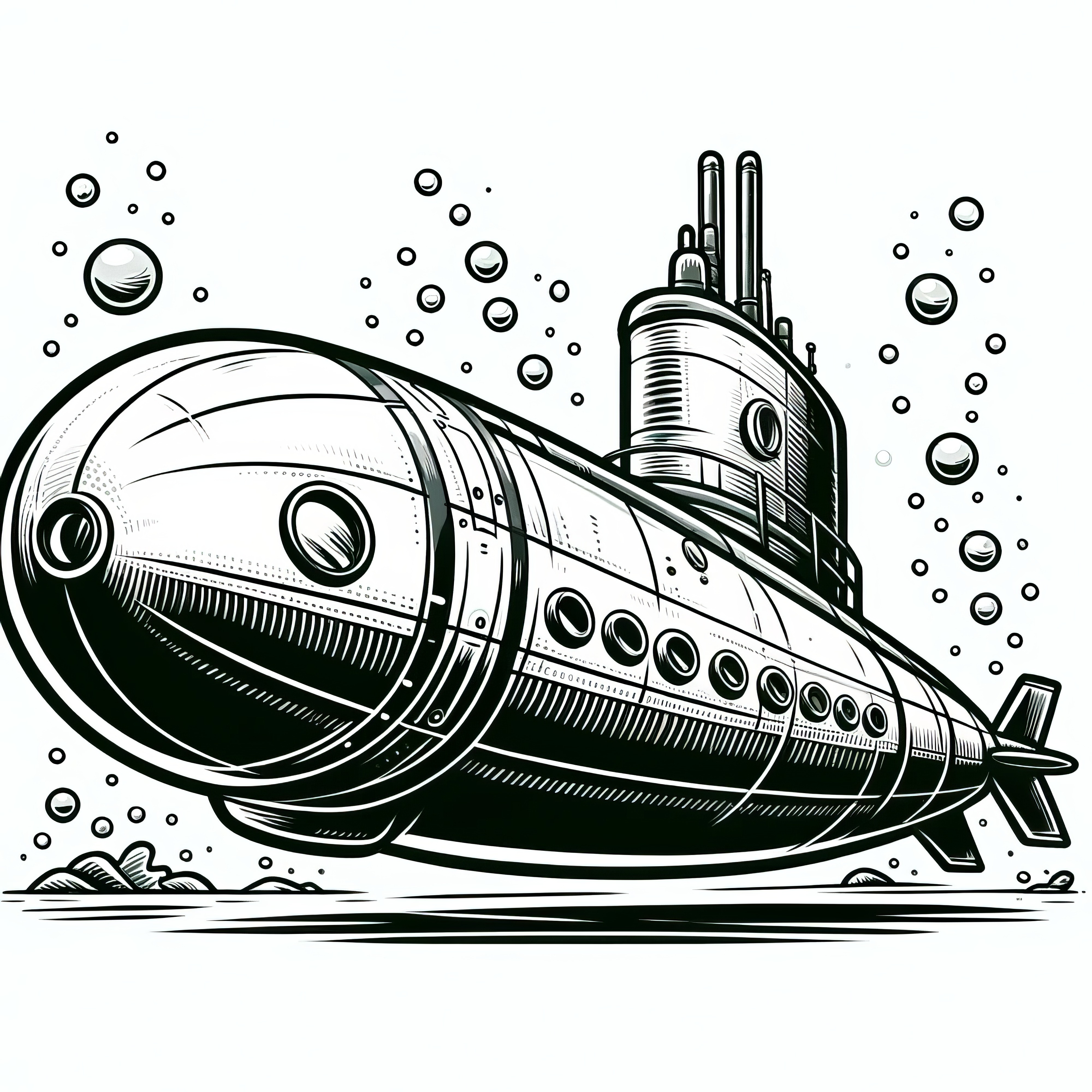 Big submarine: Picture for children to color (Free)