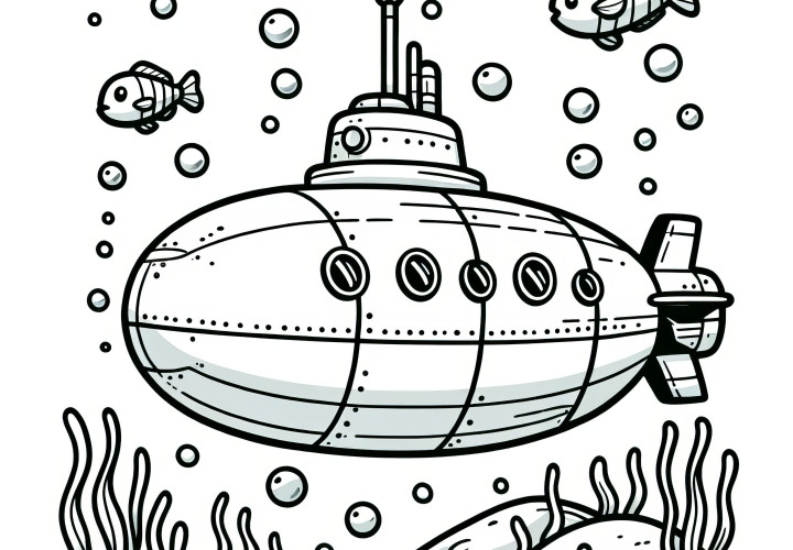 Small submarine: Underwater with fishes as a coloring picture (Free)