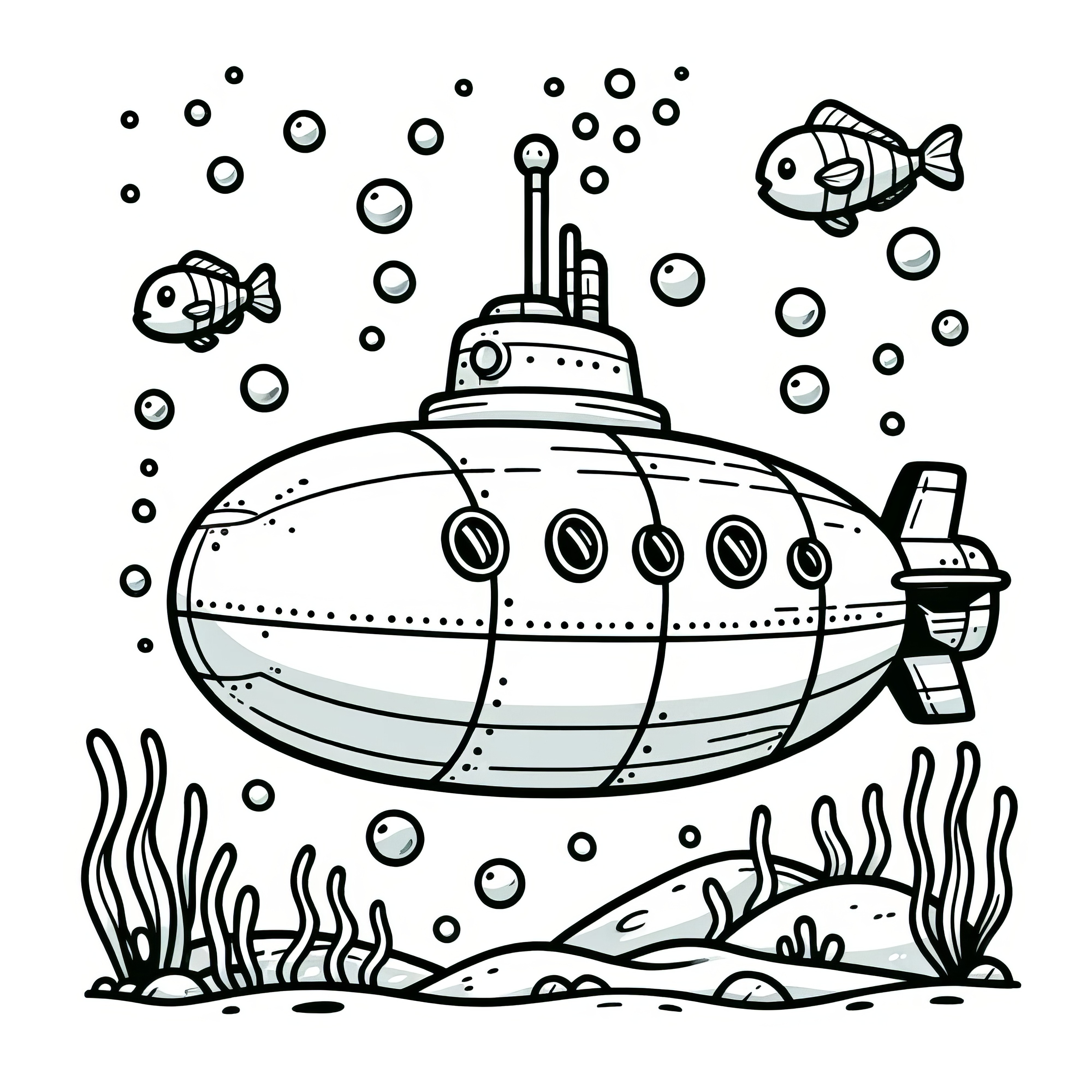 Pequeno submarino: debaixo de água com peixes como desenho para colorir (gratuito)