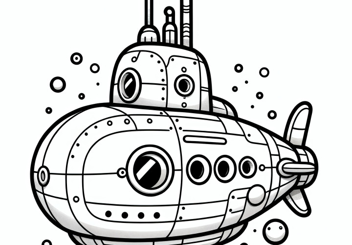 Submarino simples no mundo subaquático: imagem para colorir para as crianças descarregarem (gratuito)