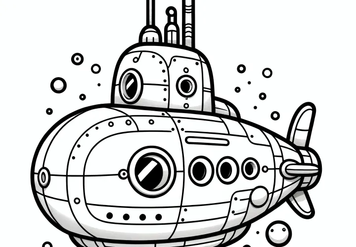 Submarino simples no mundo subaquático: imagem para colorir para as crianças descarregarem (gratuito)