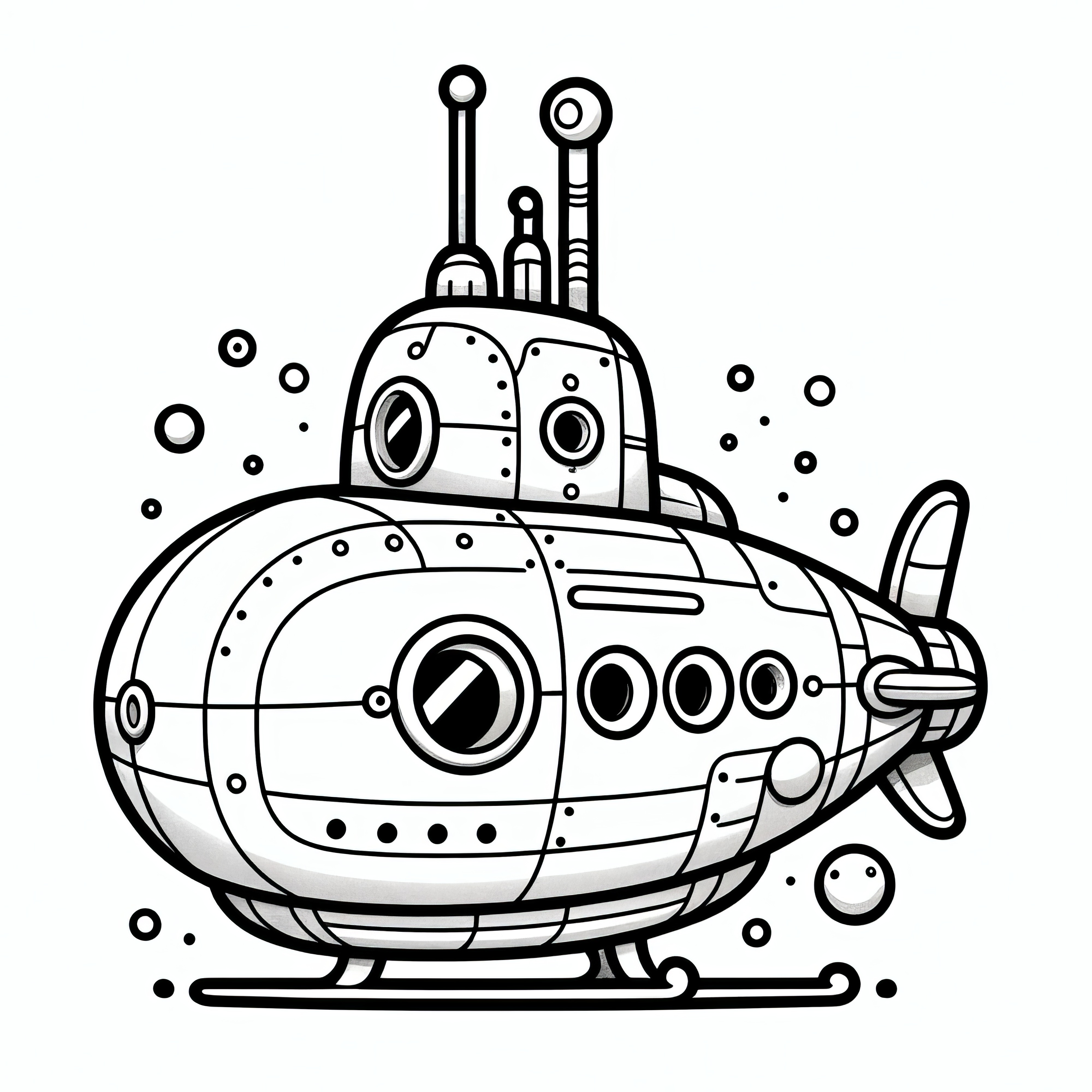 Simple submarine in the underwater world: Coloring picture for children to download (Free)