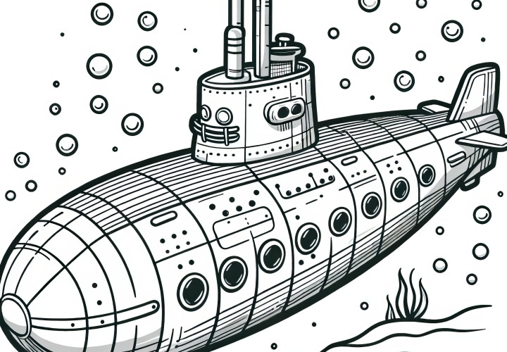 Submarine coloring page with underwater plants: Download now for free