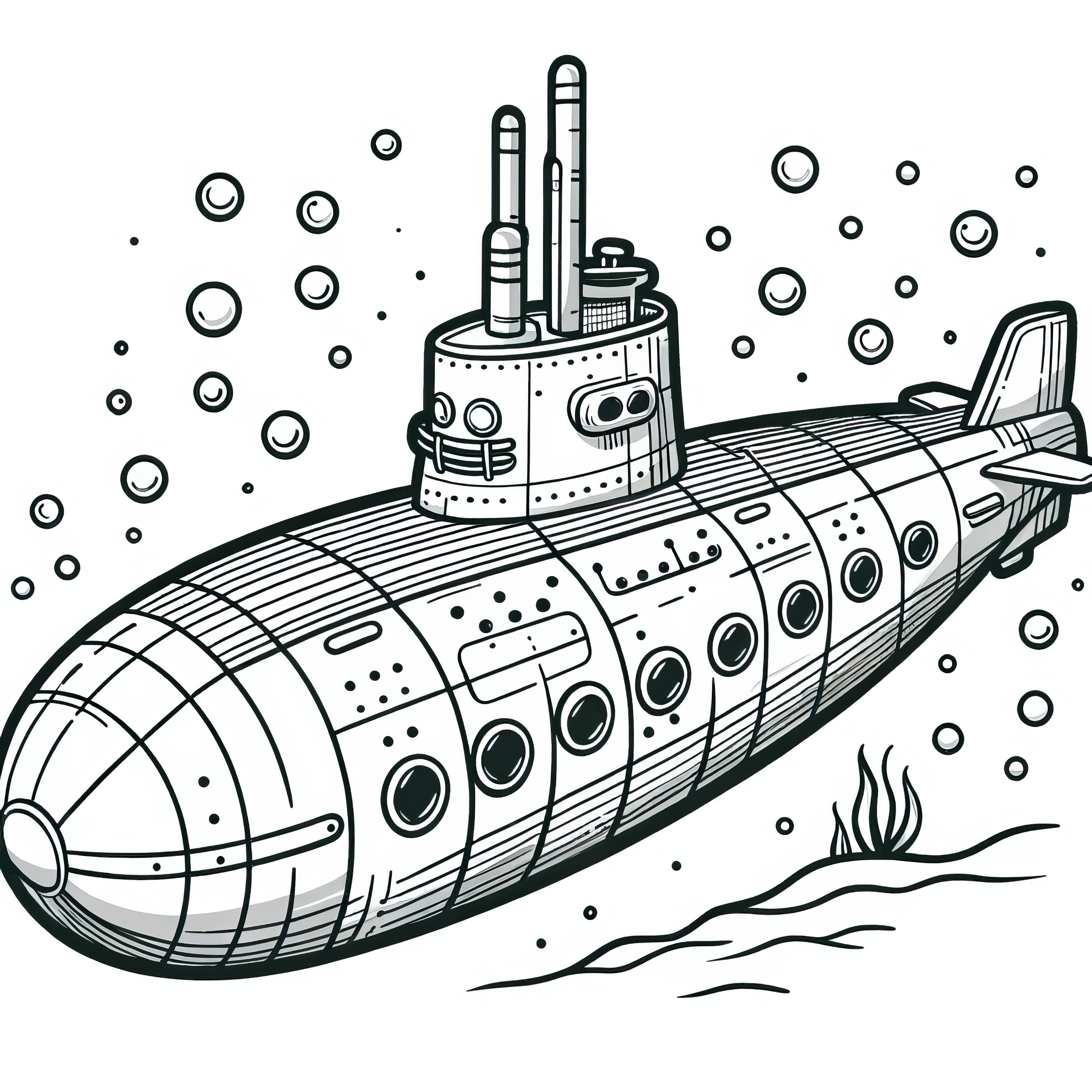 Submarine coloring page with underwater plants: Download now for free