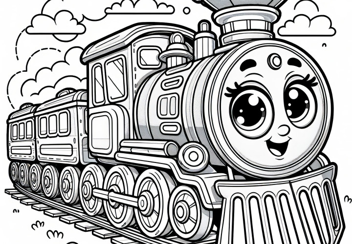 Locomotive à vapeur souriante aux grands yeux : coloriage à télécharger (gratuit)