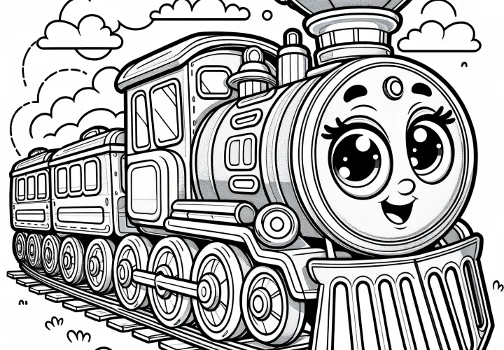 Laughing steam engine with big eyes: Coloring page for download (Free)