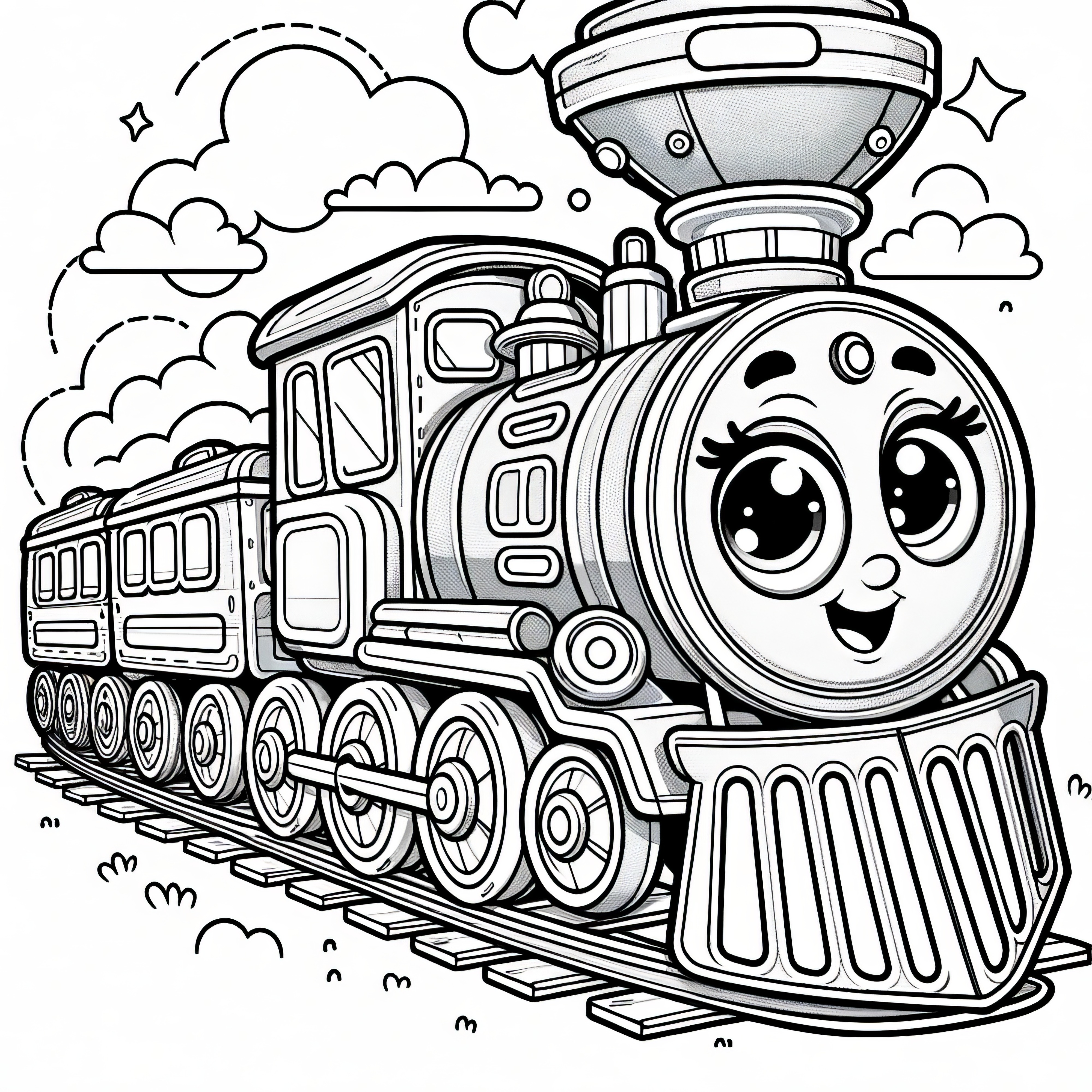 Laughing steam engine with big eyes: coloring template for download (Free)