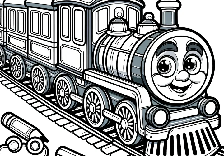 Friendly steam locomotive with a face: Coloring picture to download (free)