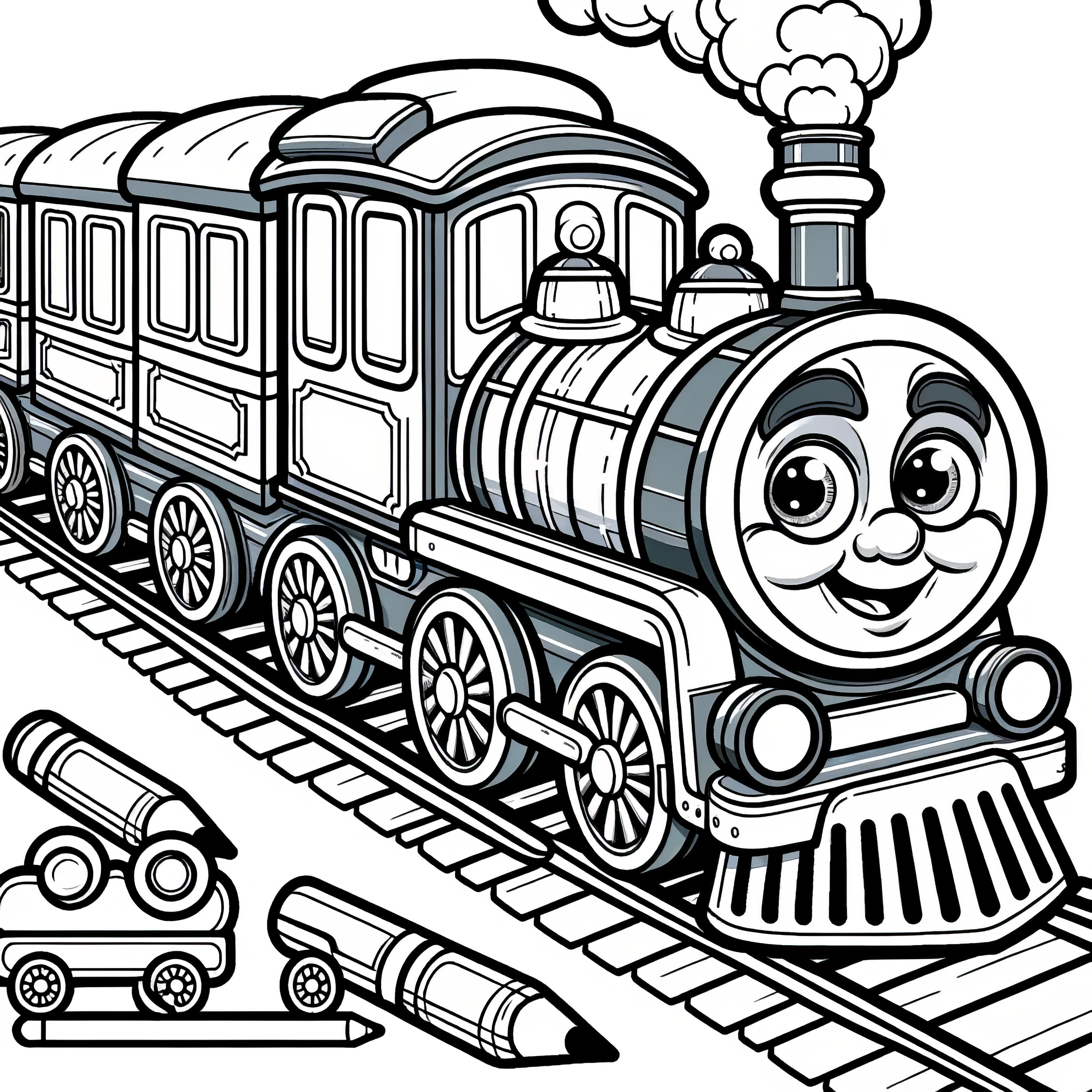 Locomotive à vapeur amicale avec un visage : image à colorier à télécharger (gratuit)