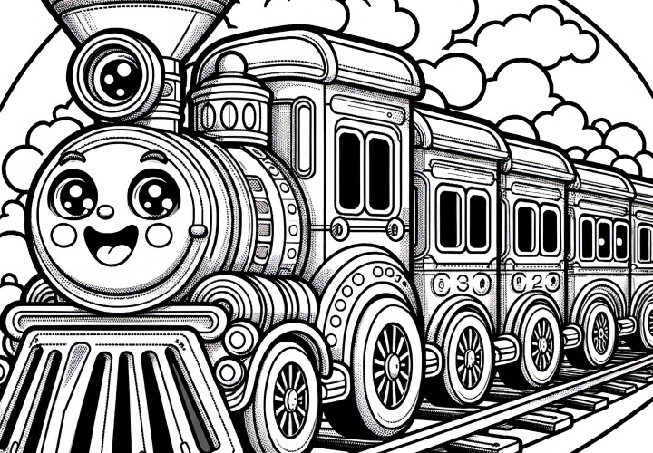 Happy steam engine: railway picture for children to color (Free)